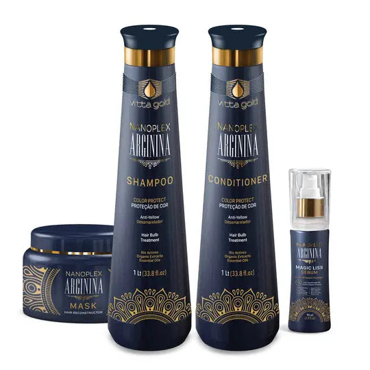 Nanoplex Arginina Home Hair Care Treatment Kit box - Comprehensive haircare kit including Color Care Shampoo, Smoothing Conditioner, Nourishing Hair Mask, and Heat Protectant Serum.