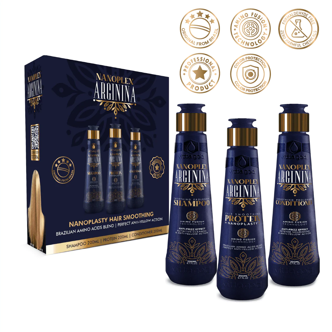 Nanoplex Arginina Hair Straightening Nanoplastia Intro Set 200ml box, showcasing salon-quality hair care for lasting straightness and nourishment.