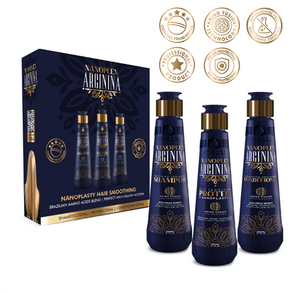 Nanoplex Arginina Hair Straightening Nanoplastia Intro Set 200ml box, showcasing salon-quality hair care for lasting straightness and nourishment.